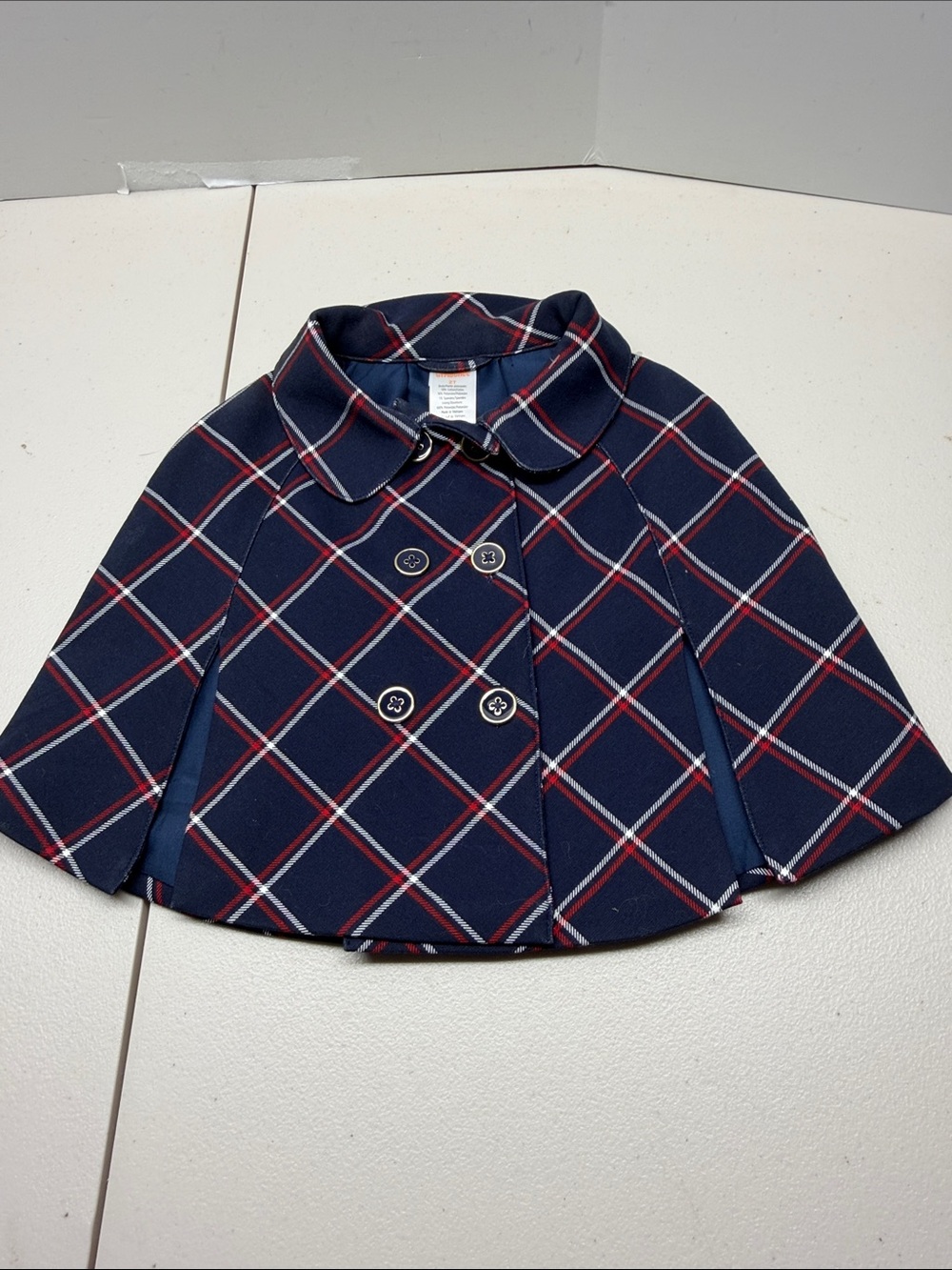 Gymboree Navy Plaid Double-Breasted Cape with Red and White Trim. NWOT